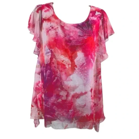 ONE WORLD Pink and Red Flutter Sleeve Blouse - Picture 3 of 15